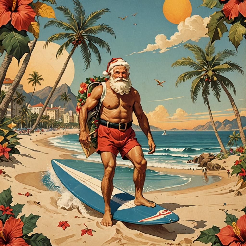 Santa Claus Surfing in Rio: Vintage Postcard Art
