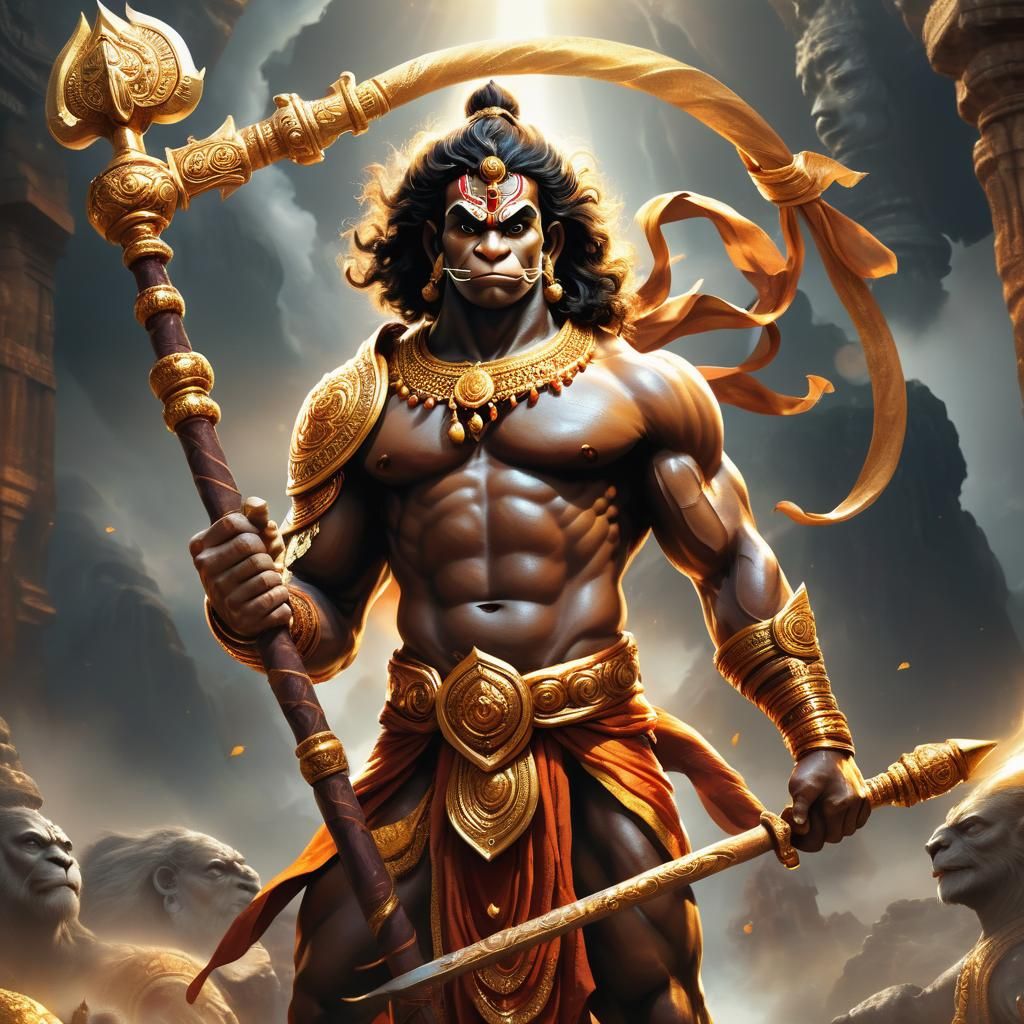 Golden Lord Hanuman, Divine Warrior with Glowing Aura