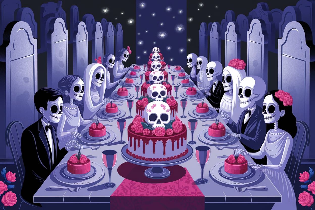 Spectral Feast Among Gravestones in Magical Realism Style
