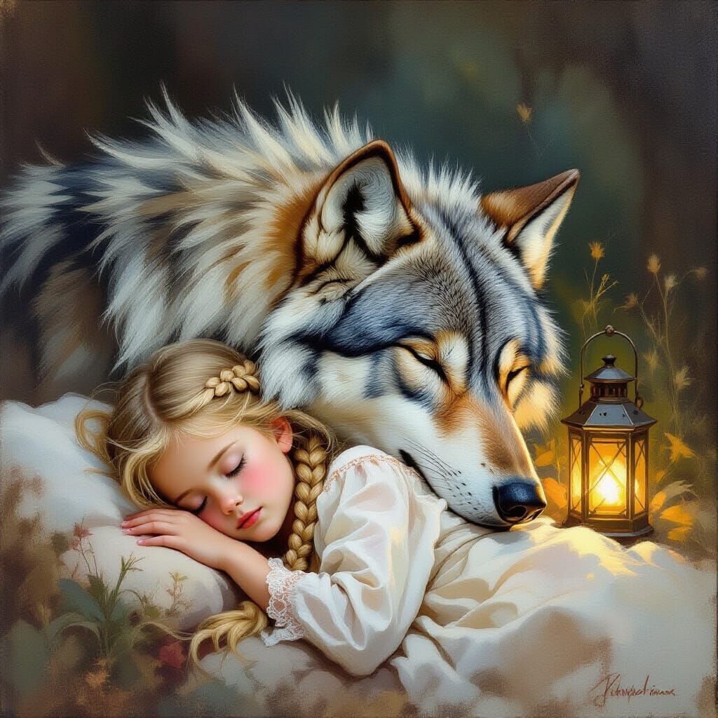 Girl Sleeping Beside Wolf Oil Painting in Fantasy Style