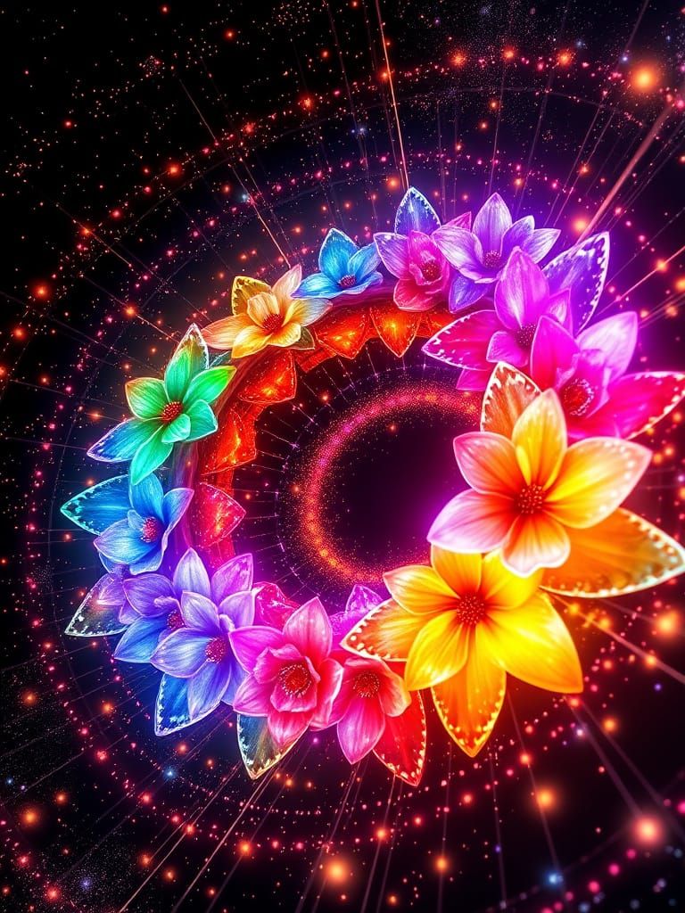 Fiber-Optic Galaxy with Rainbow Flowers in Digital Art Style