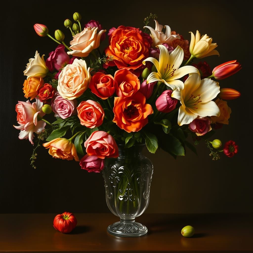 A still life painting of a vase filled with vibrant flowers,...