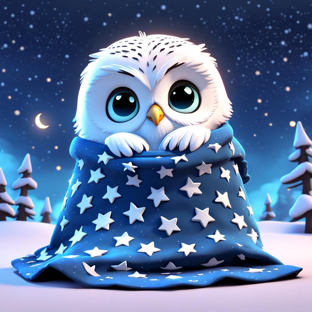 Chibi Snowy Owl Counting Stars in 3D Style