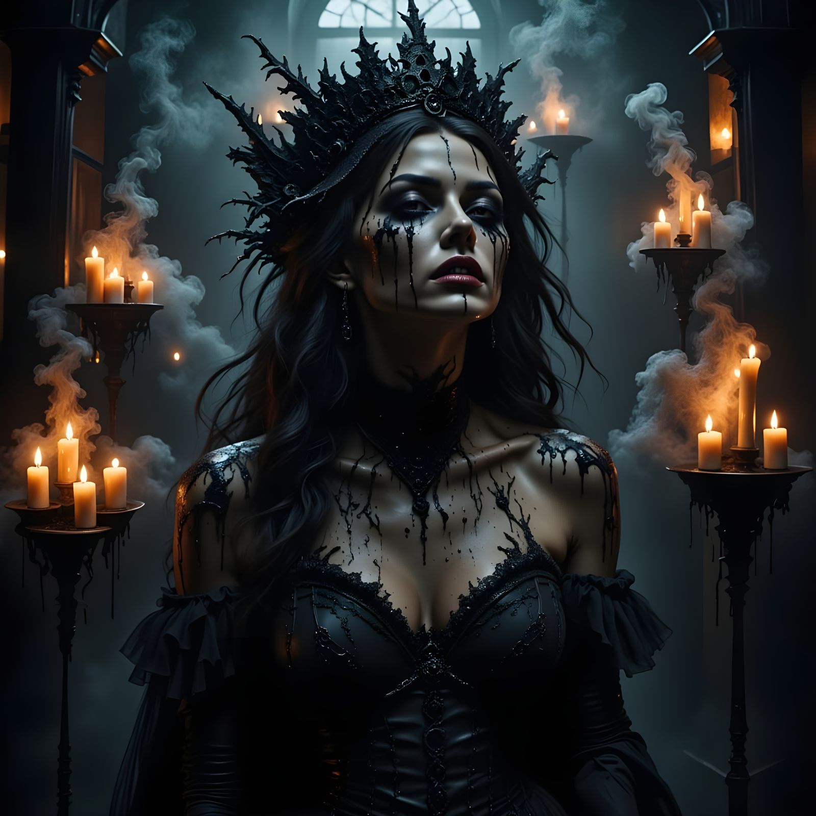 Gothic Woman Dissolving into Smoke, Dark Art Nouveau Style