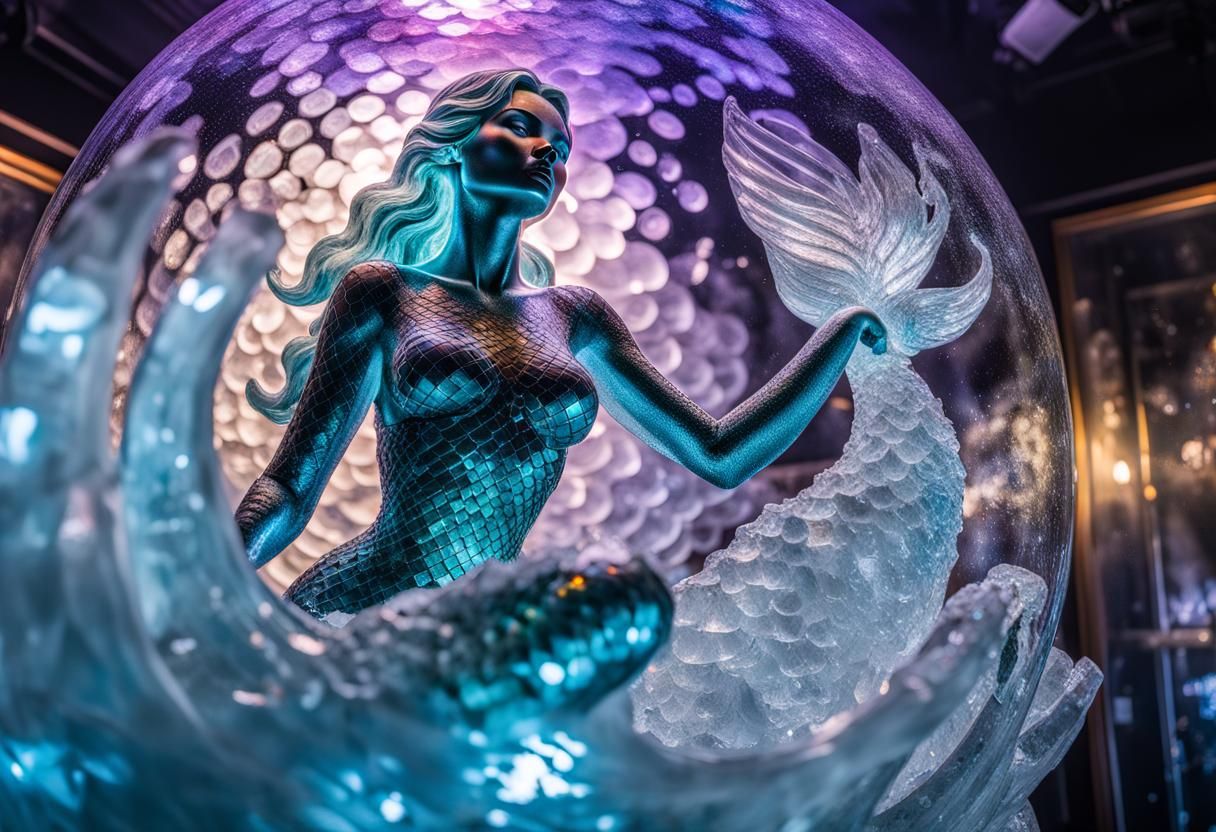 Hyperrealistic Mermaid Ice Sculpture with Disco Lights