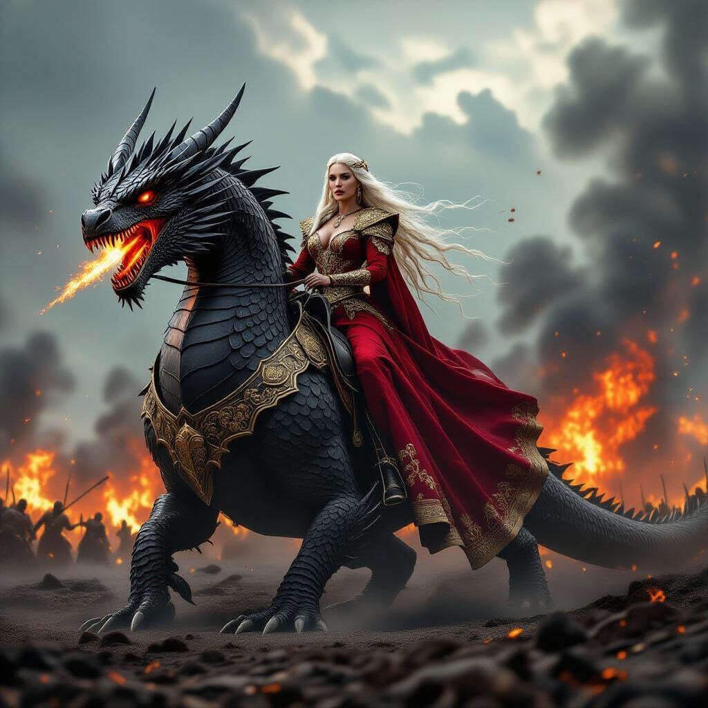 Fantasy Queen on Dragon Unleashes Fire on Battlefield