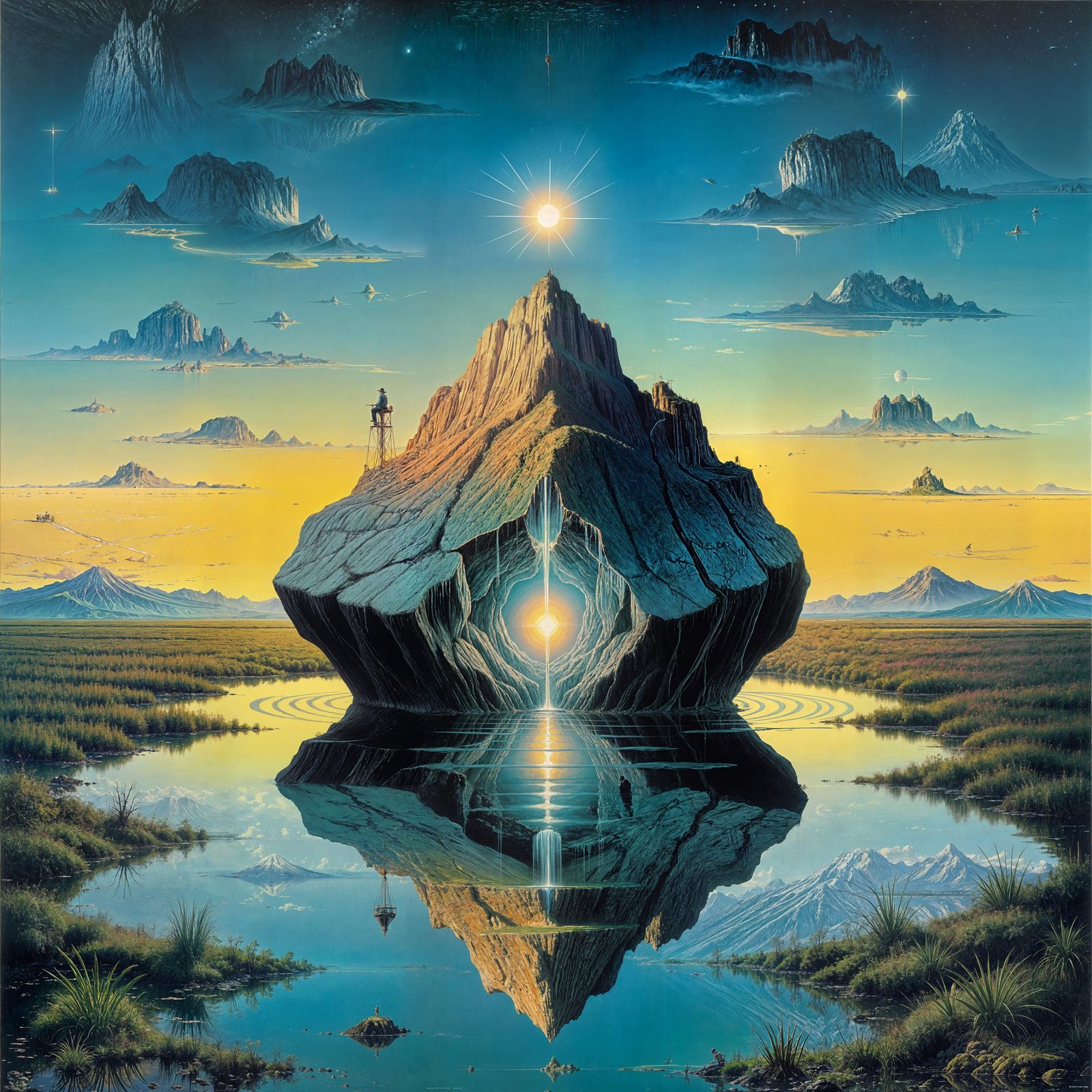 Surreal Mountain Rock Under Swamp with Neon Lights