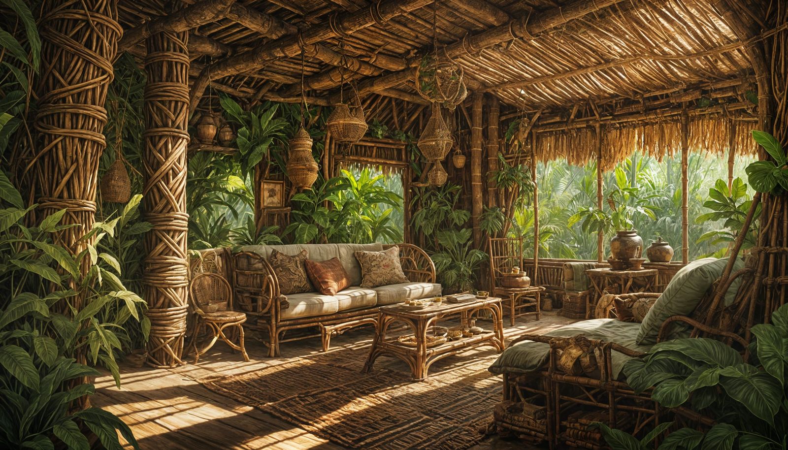 Cozy Jungle Hut Interior With Rustic Bamboo Furniture