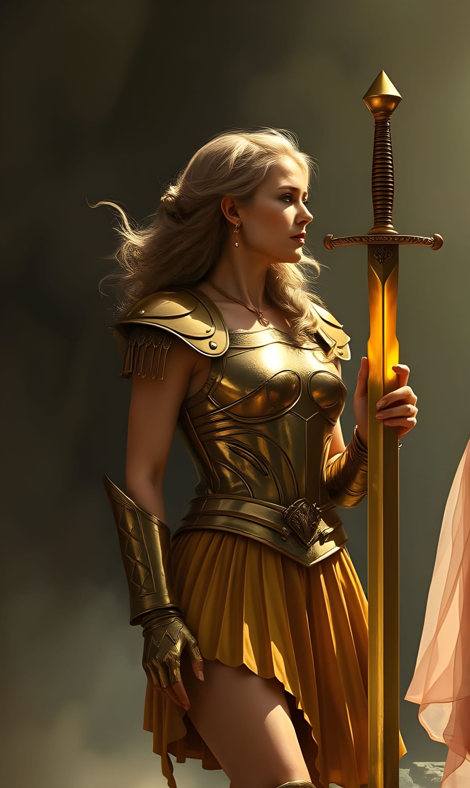 Armored Woman's Farewell: Golden Bodice and Sword