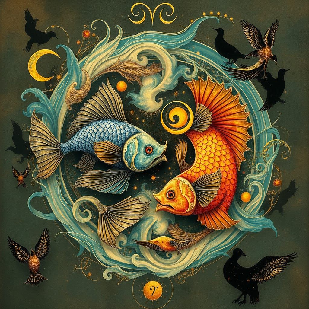 Ethereal Pisces Zodiac Art in Swirling Water