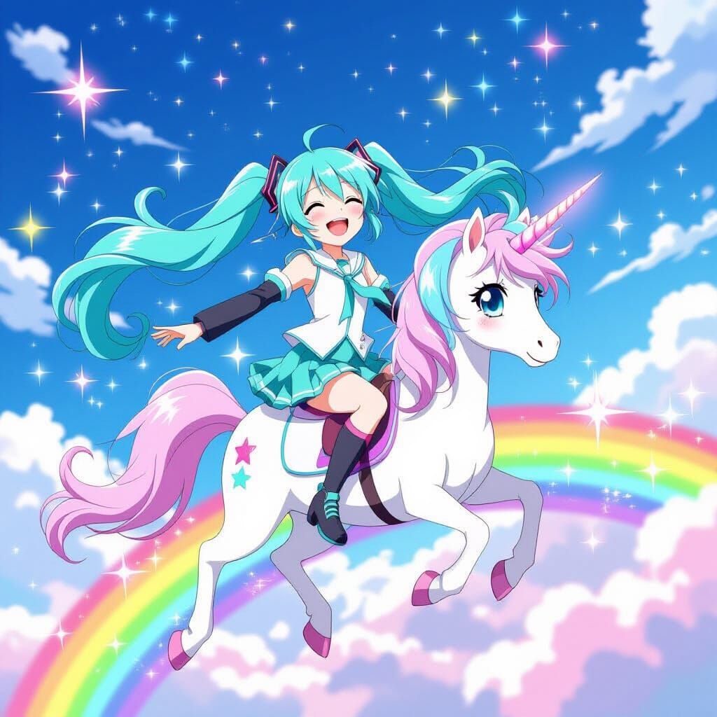 Hatsune Miku Rides a Unicorn Through a Rainbow Sky