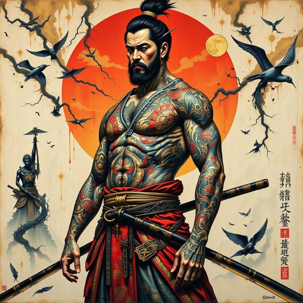 Tattooed Samurai in Ukiyo-e Japanese Woodblock Style