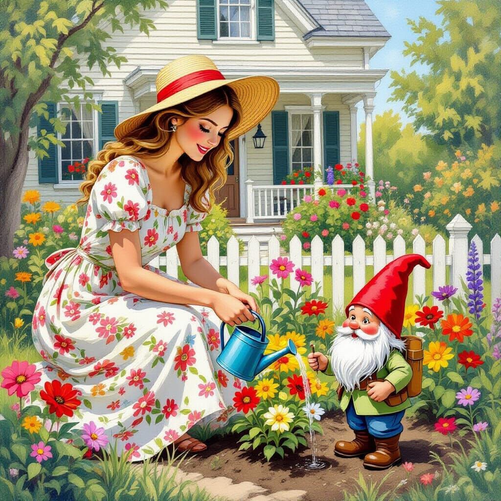 Garden Gnome Helps Gardener, Whimsical Fantasy Art