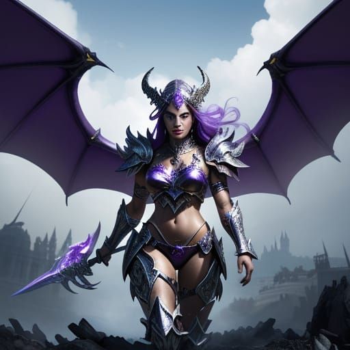 Beautiful, guardian woman with amethyst eyes, wearing a bikini armour, holding a silver spear ornamented with white gold...