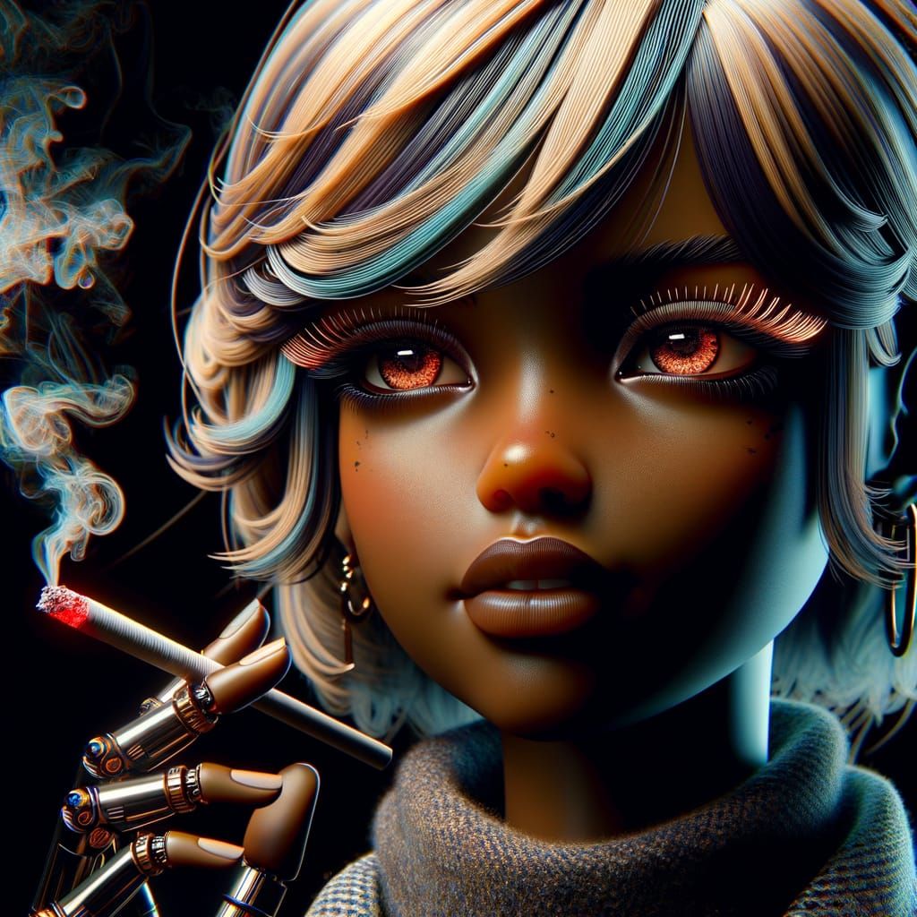 Fashion Doll Smoking with Red Eyes, Detailed Art