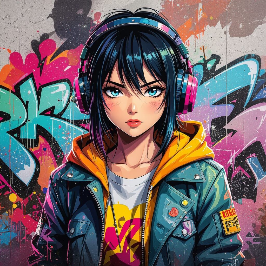 Anime Character in Dynamic Graffiti Street Art
