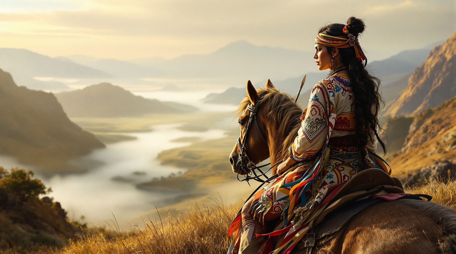 Native Woman Overlooks Misty Valley, Matte Painting