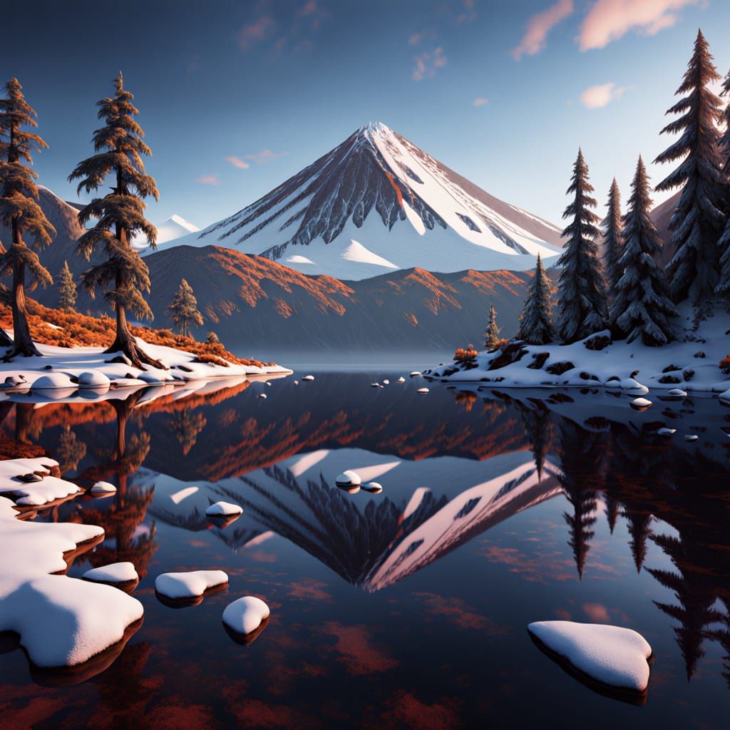 Hyperrealistic Volcano Eruption in Snowy Mountains