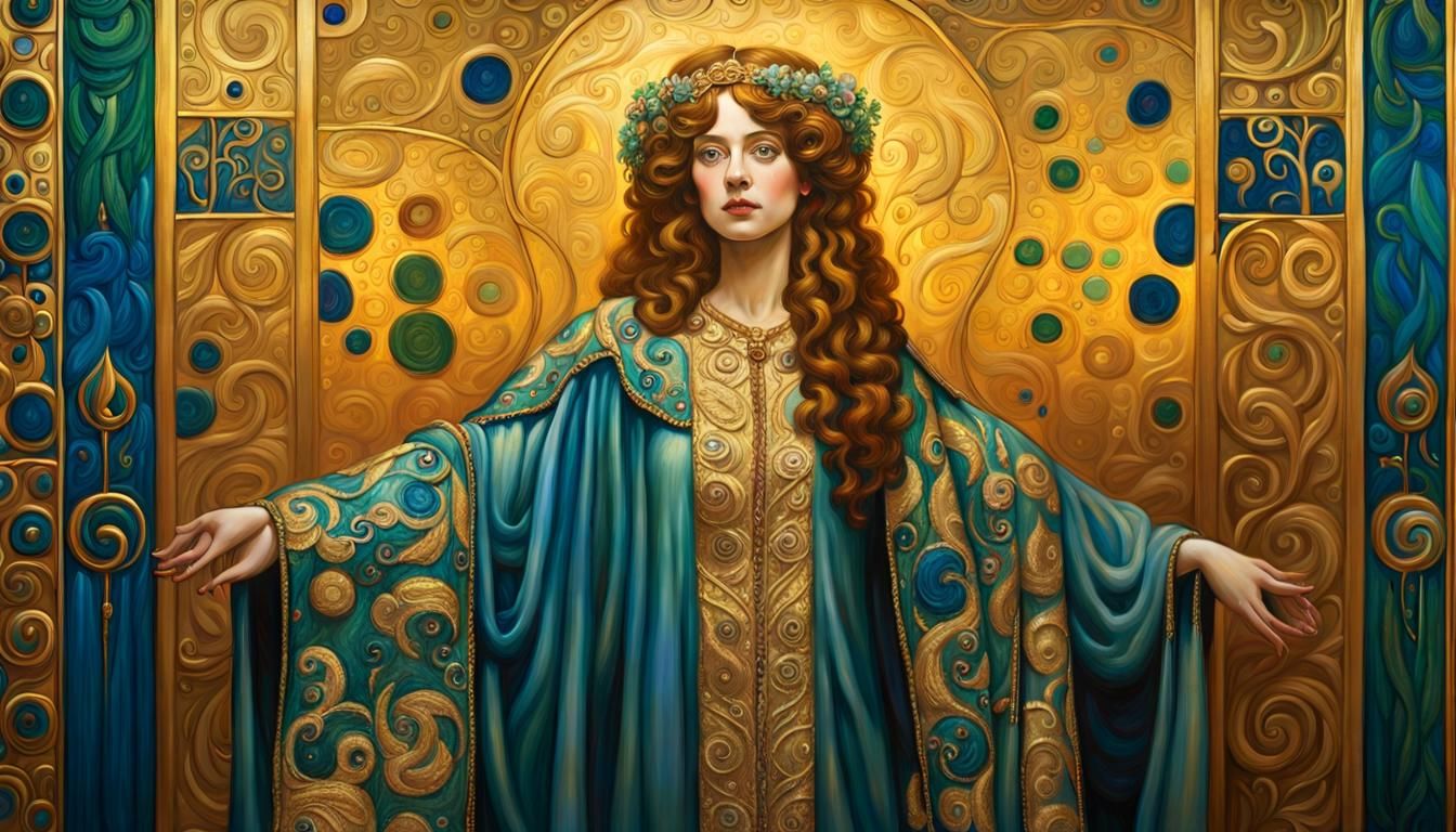 Verity in Gold Cloak: Klimt-Inspired Oil Painting