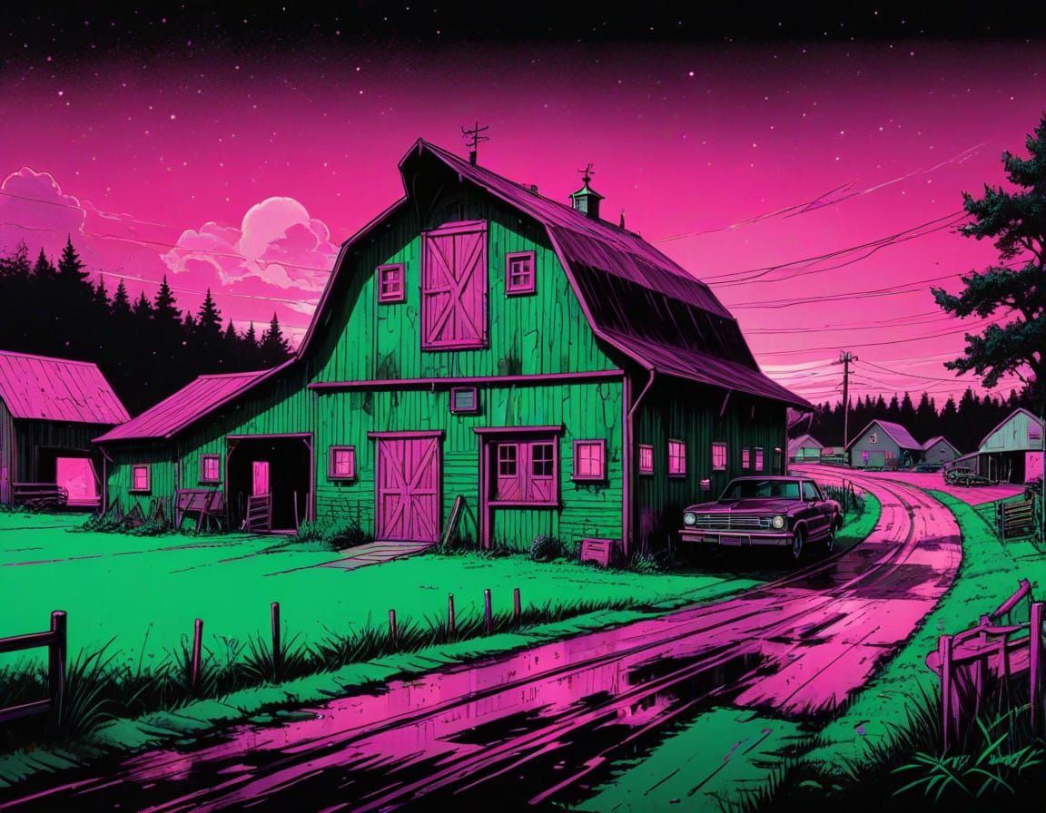 Vibrant Small Town Hootenanny Scene in Synthwave Style