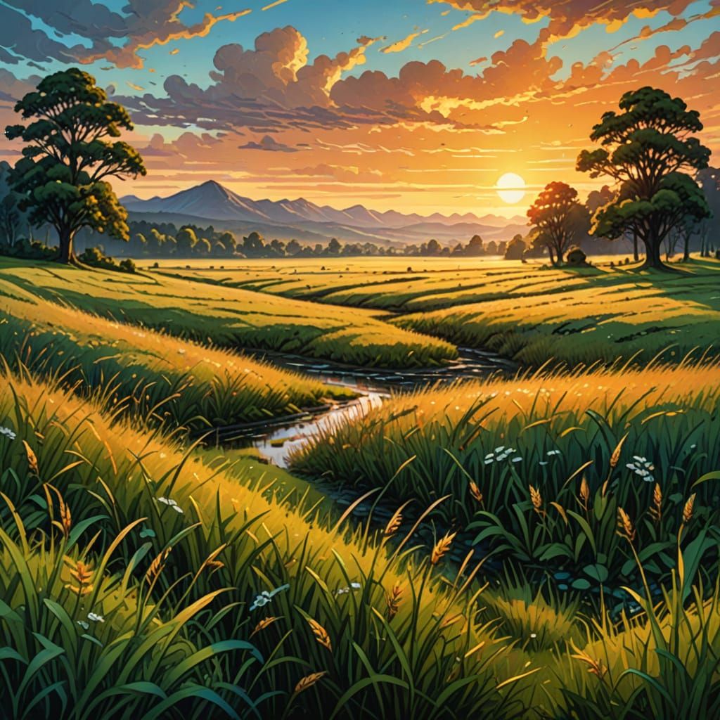 Sunrise Meadow Landscape in Oil Painting Style