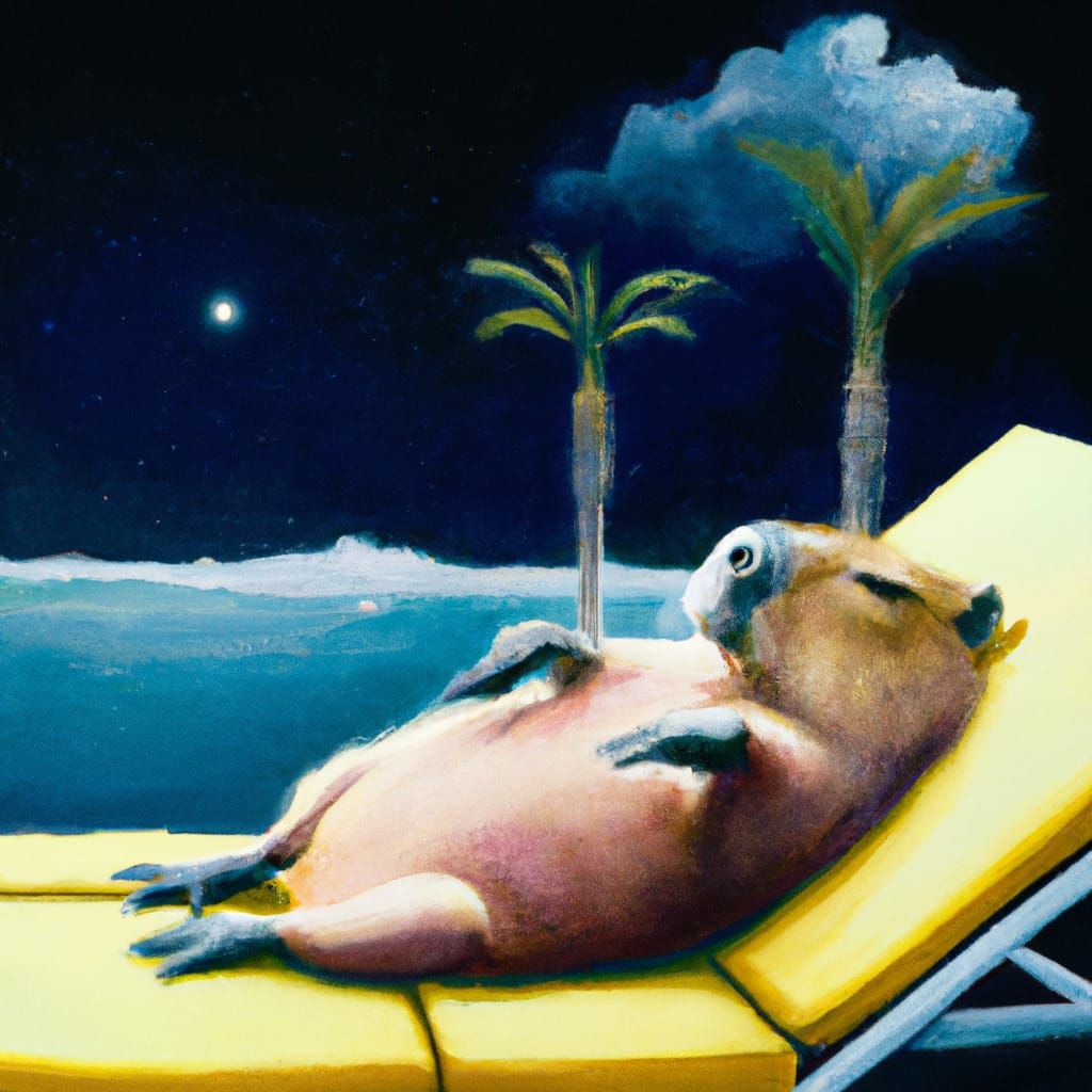 Capybara Lounging at Tropical Space Resort as Oil Painting