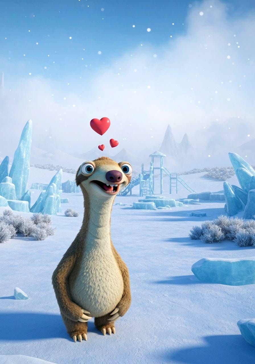 Lovestruck Sid the Sloth in a Winter Wonderland