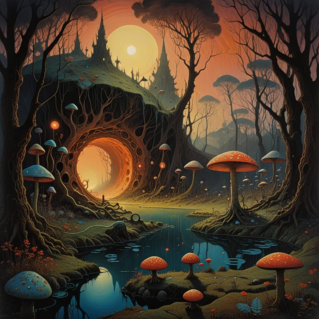 Surreal Biomorphic Alien Gazes at Magical Mushroom Circle