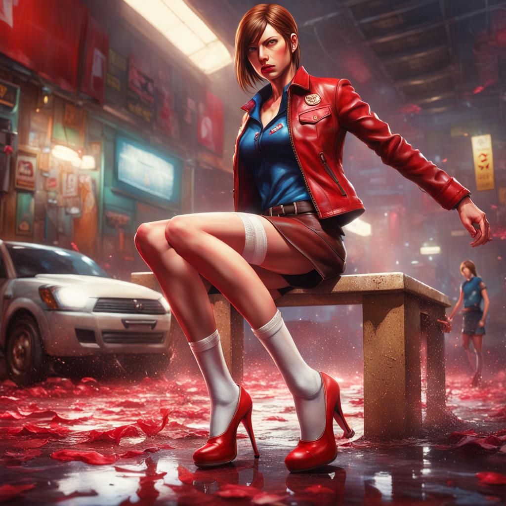 Claire Redfield in miniskirt, white stockings and red high h...