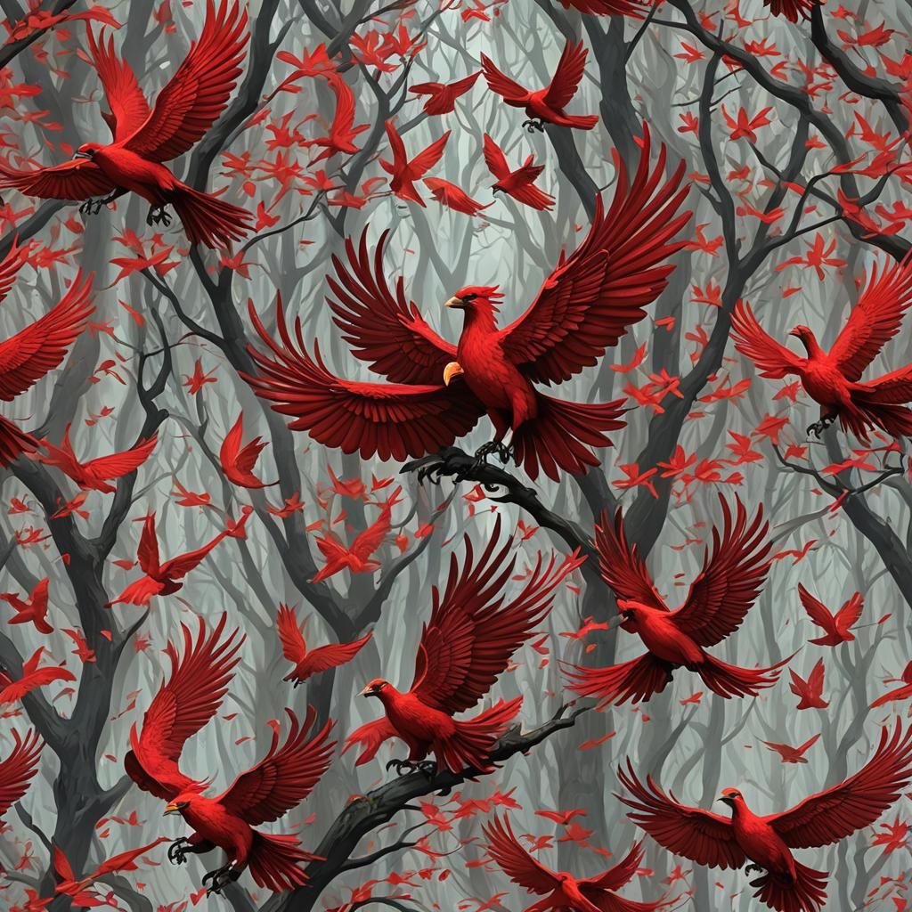 Scarlet Phoenix Soaring Through Crimson Forest