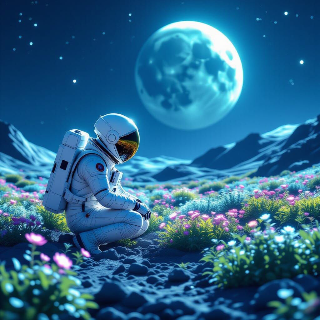 Astronaut Tends Bioluminescent Garden on Moon, Earth Glow