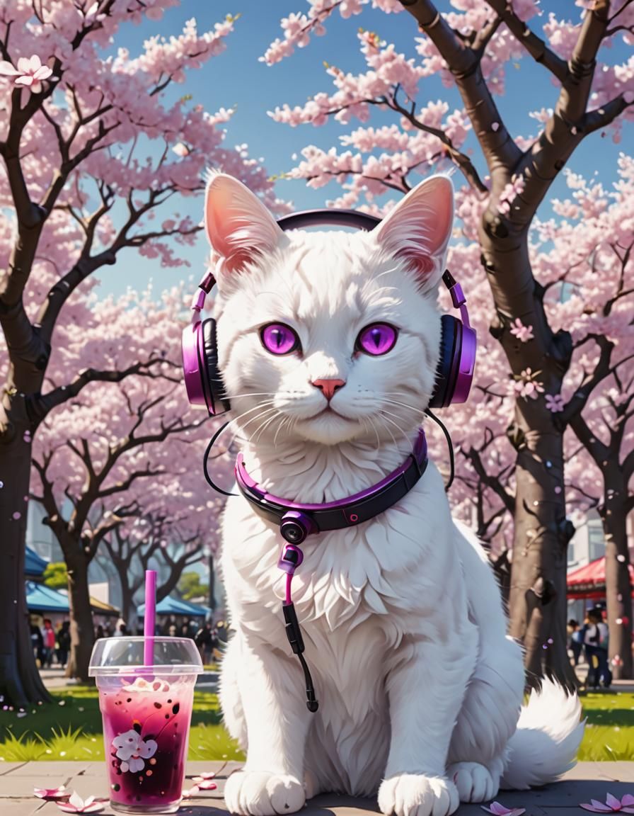 Cute White Cat Drinking Boba Tea in Anime Style