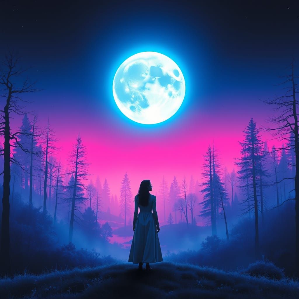 Futuristic Dreamer Gazing at Neon Moonlit Sky