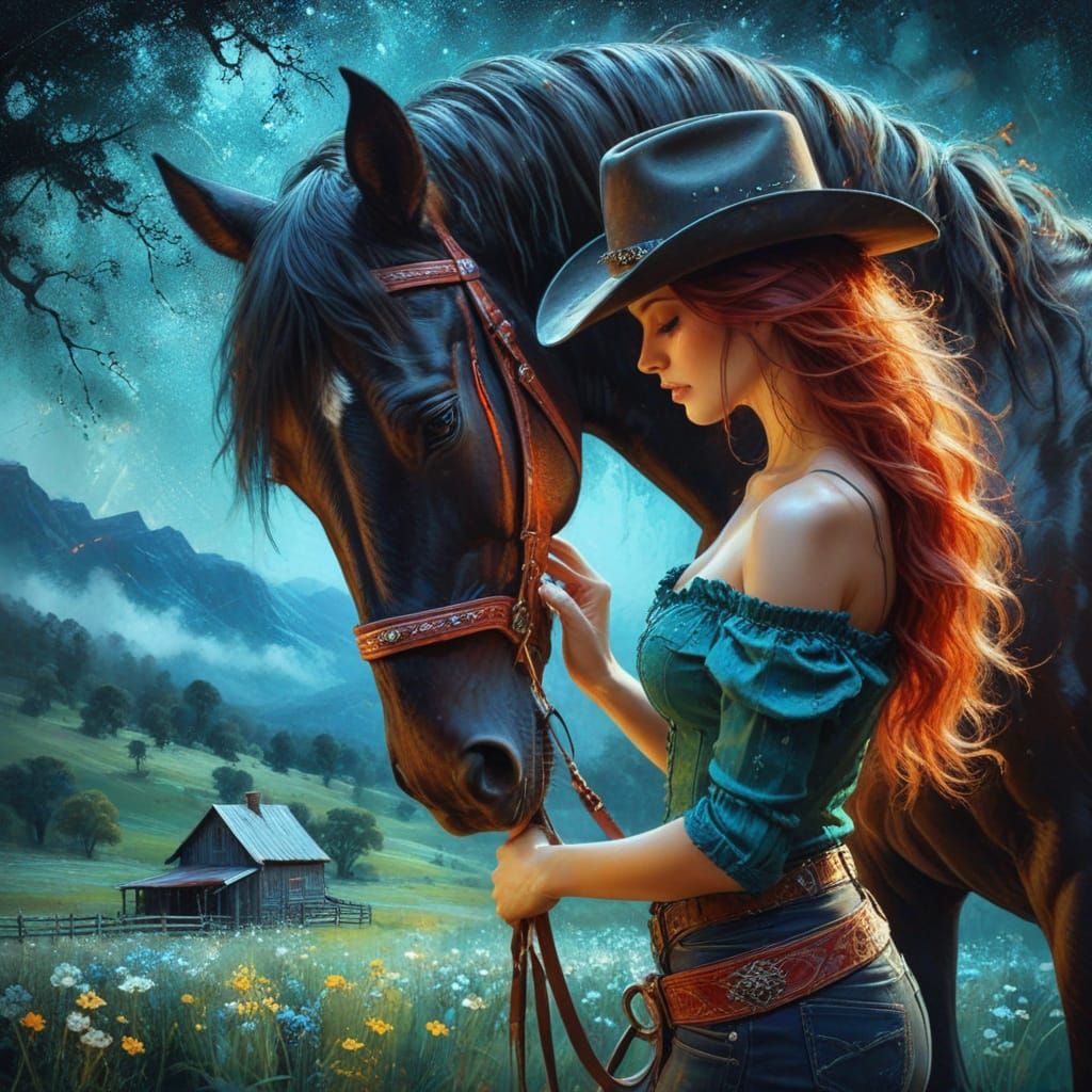 Lady with Black Stallion in Western Attire, Set in Swiss Cou...