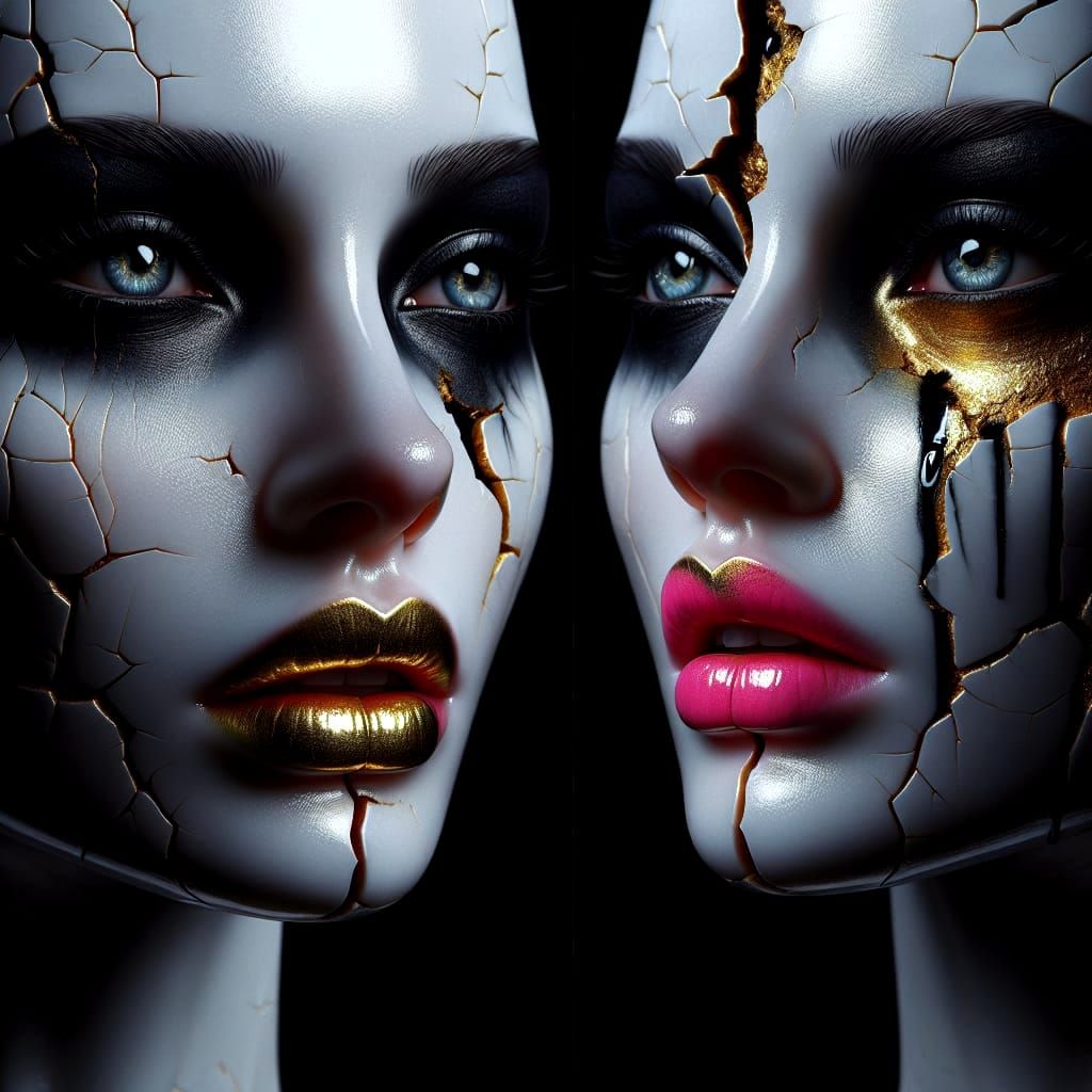 Porcelain Woman with Gold Cracks and Neon Lips