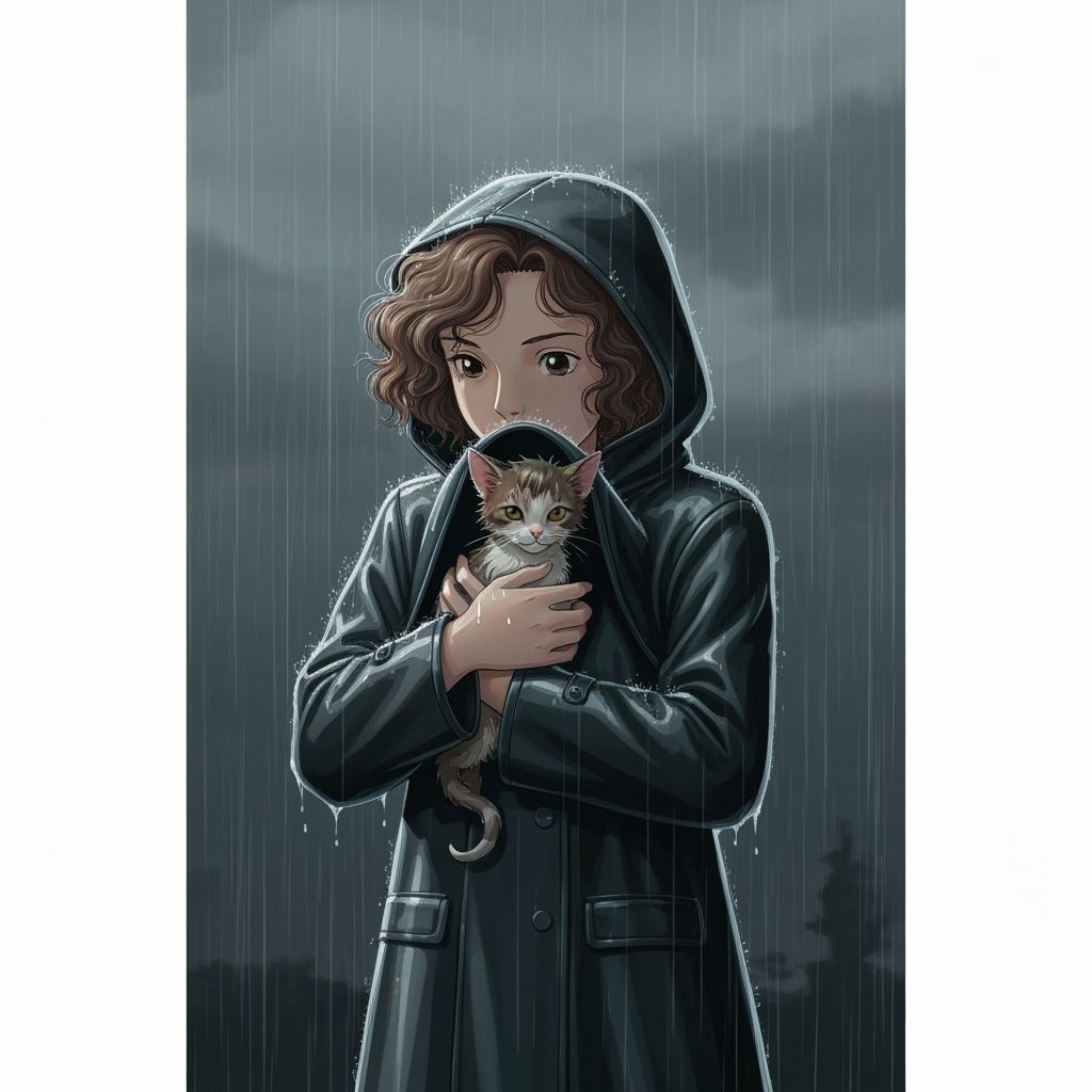 Girl Shelters Kitten in Rain, Studio Ghibli Style