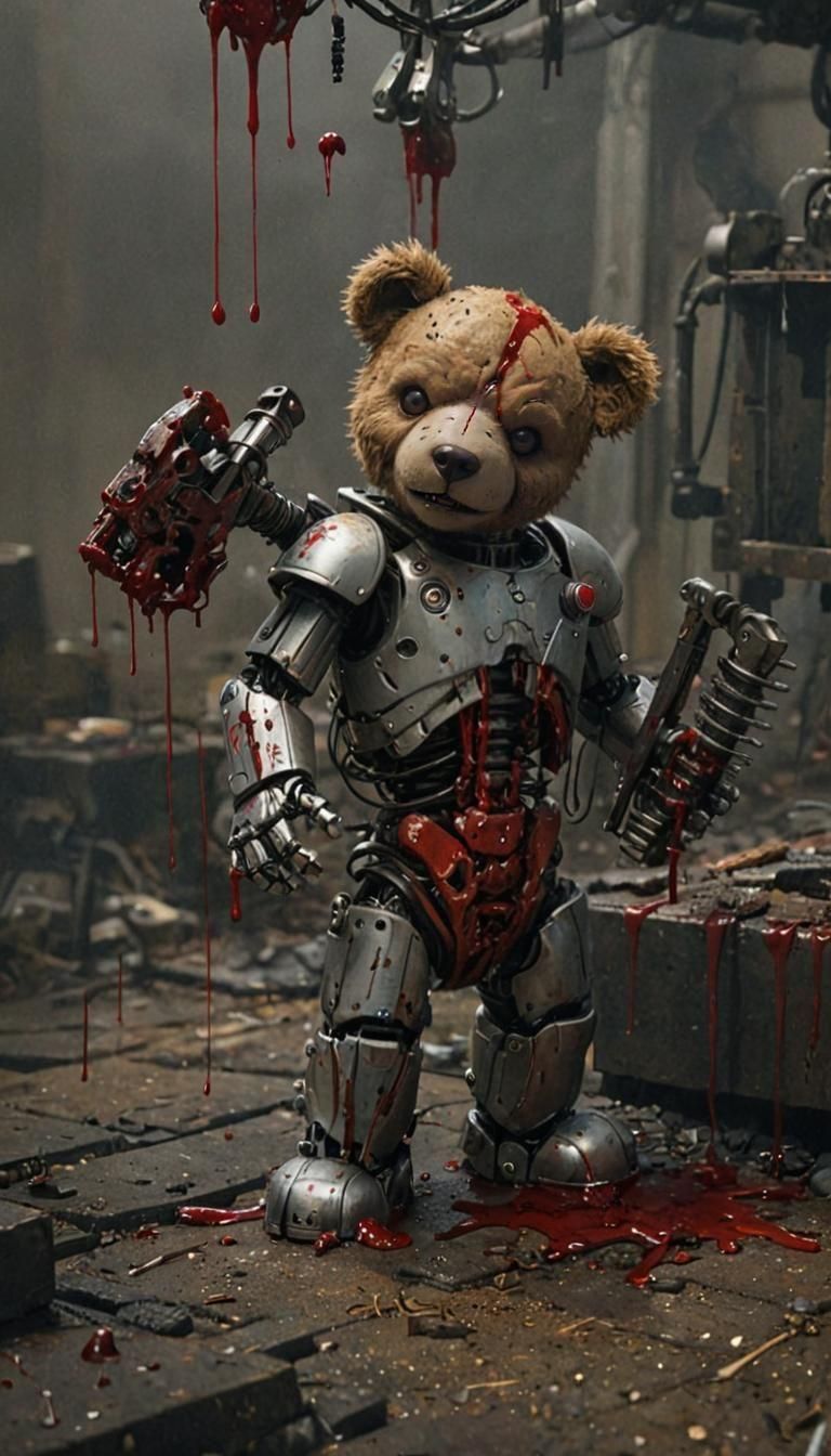 Sinister Cyborg Teddy Bear in Apocalyptic Horror