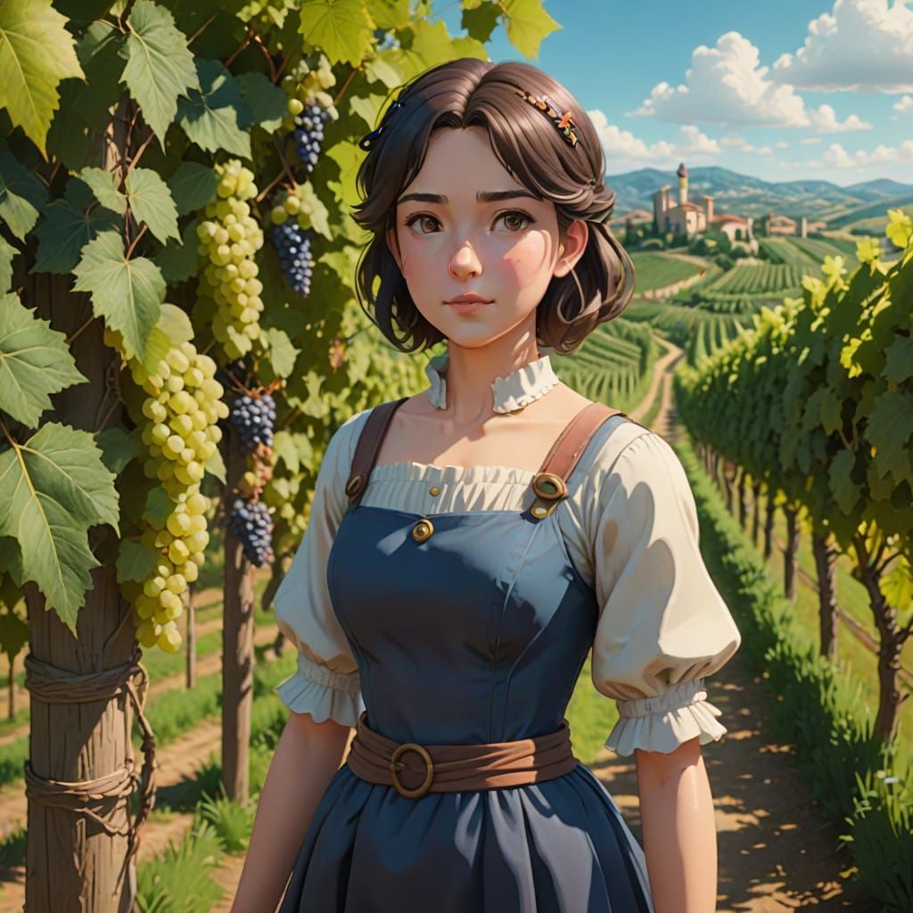A beautiful female anime character stands in an Italian vine...