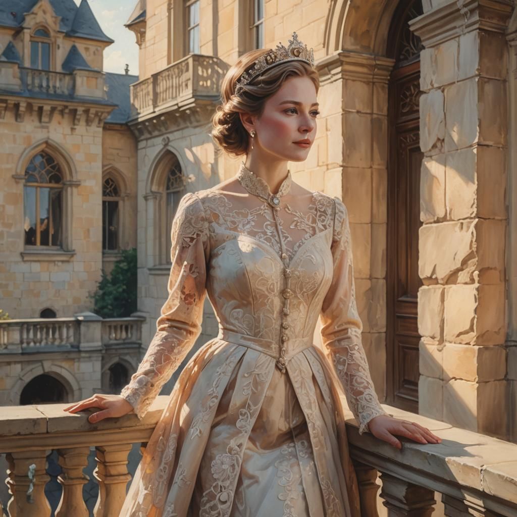 Queen on Balcony in Watercolor Painting Style