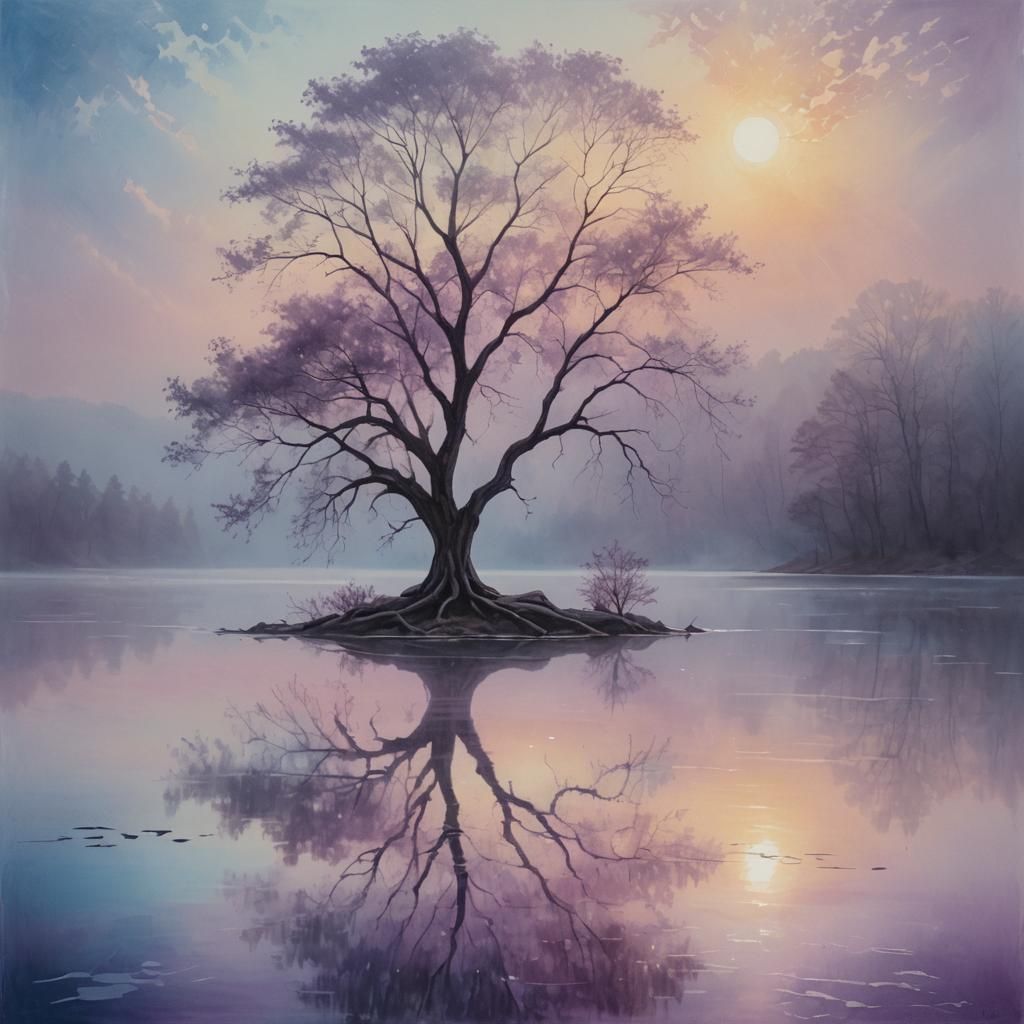 Serene Lake: A Surreal Oil Painting with Reflections
