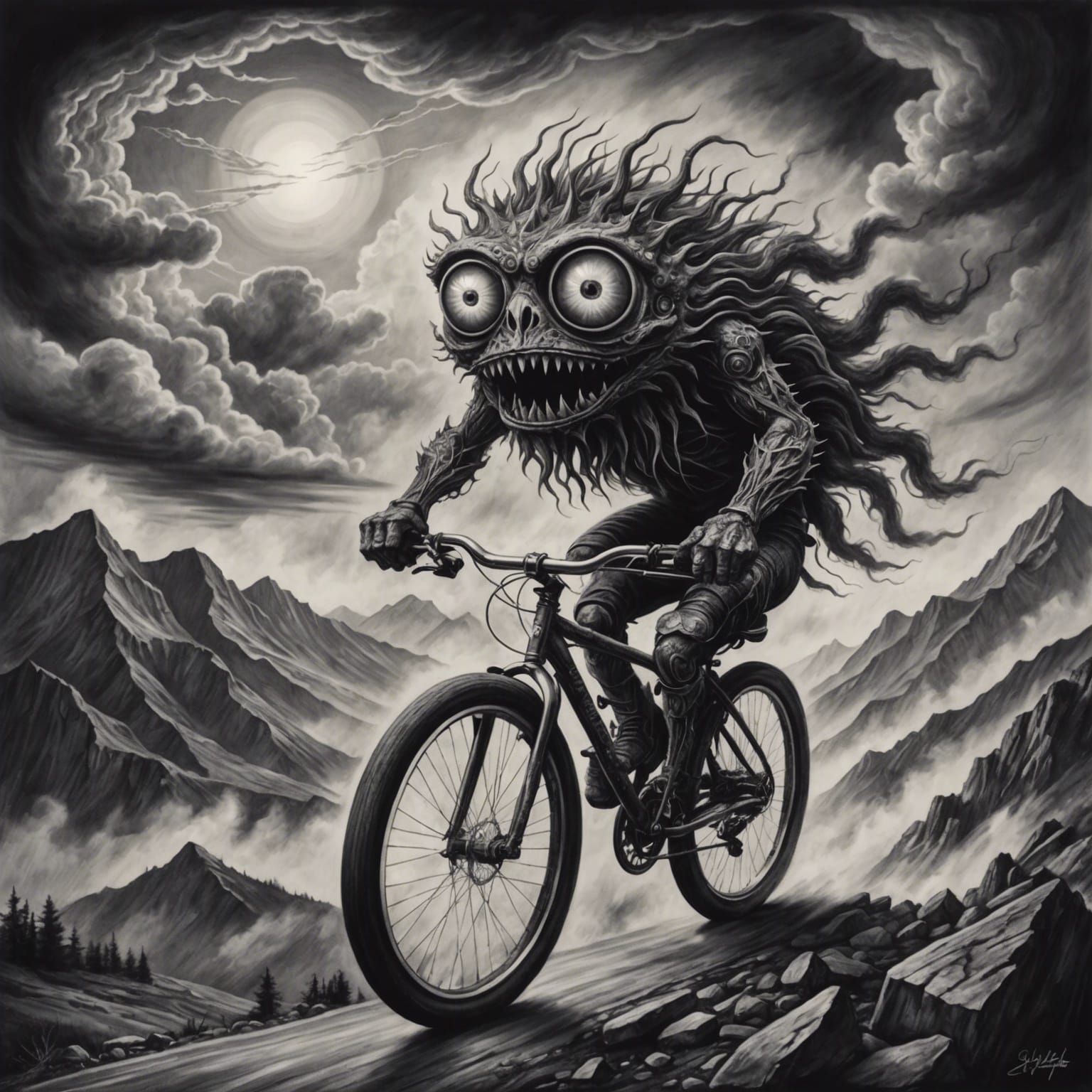 Charcoal Drawing: Bicycle Creature Devours Sun