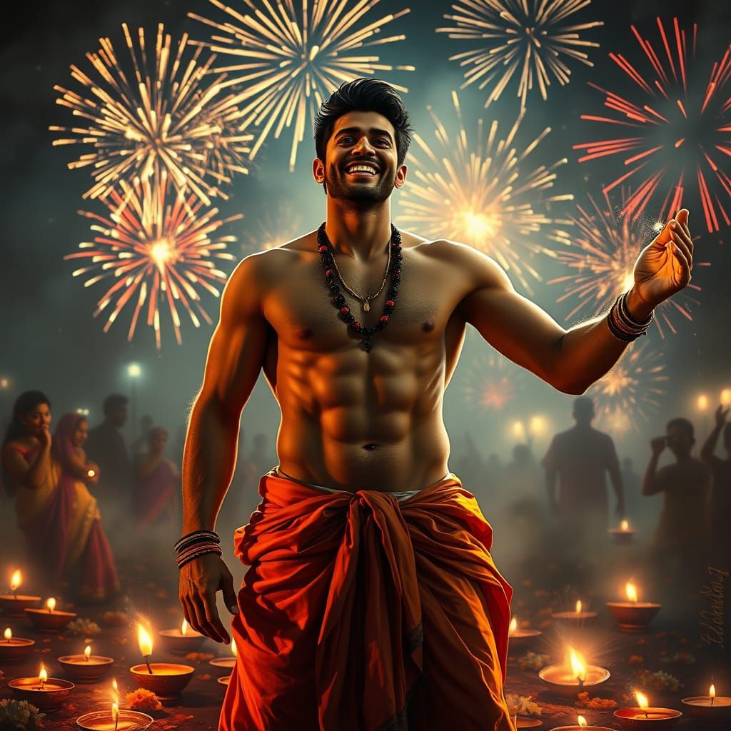 Indian Man Celebrates Diwali with Fireworks and Diyas
