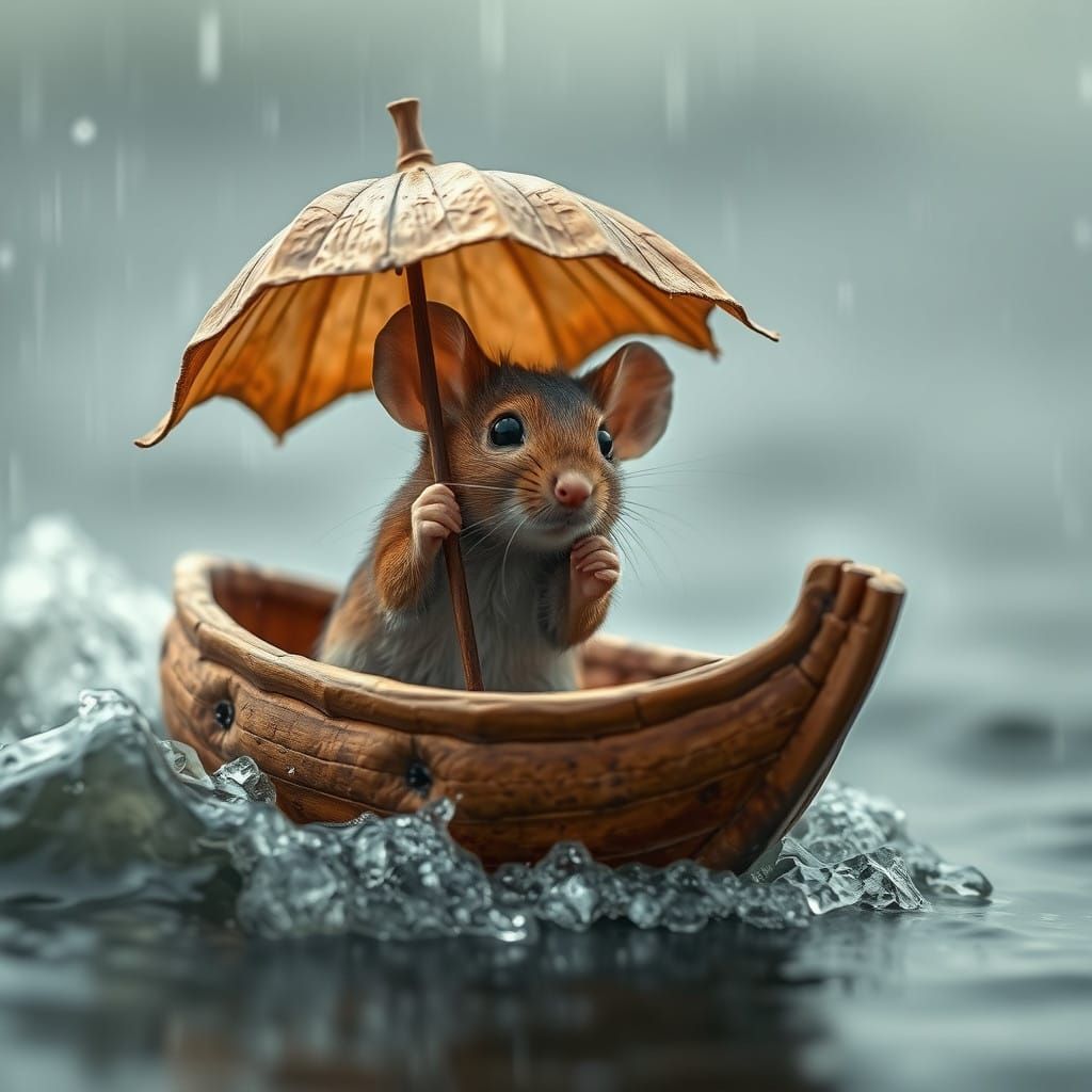 Mouse on Stormy Lake in Walnut Shell Boat