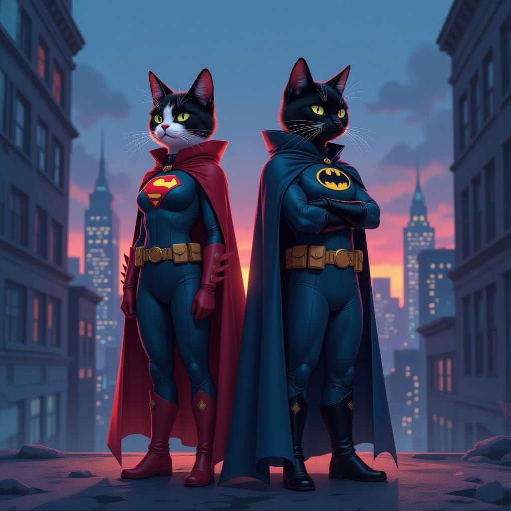 Feline Superhero Team in Atmospheric Cityscape