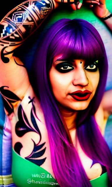 beautiful Indian woman
symmetrical face
bright red shiny lipstick
purple hair
large sparkling green eyes
tattoos
head an...