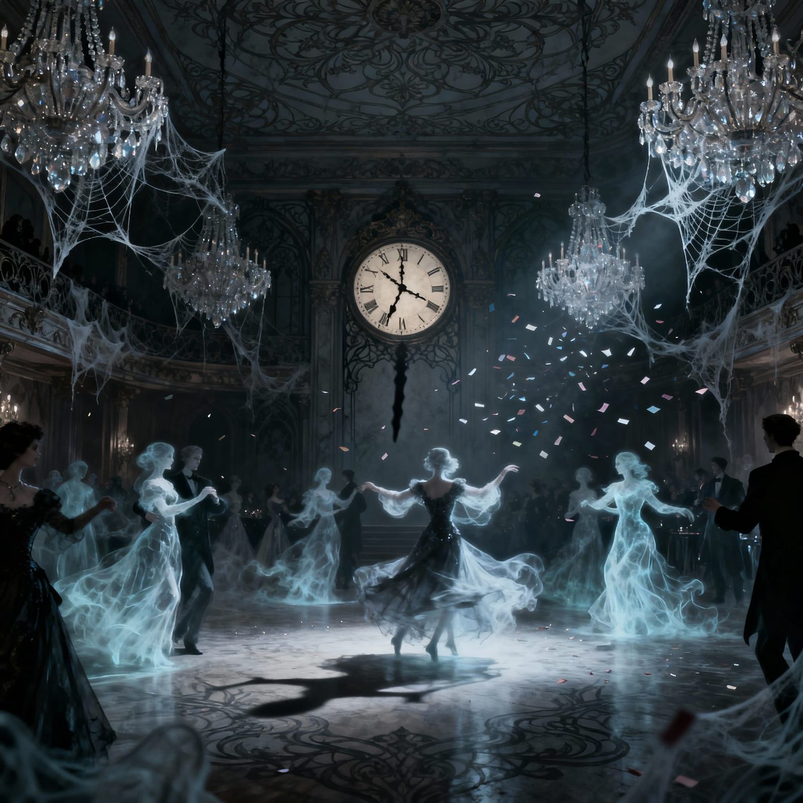 Ghosts Dance at Midnight Ball in Gothic Art Nouveau Style