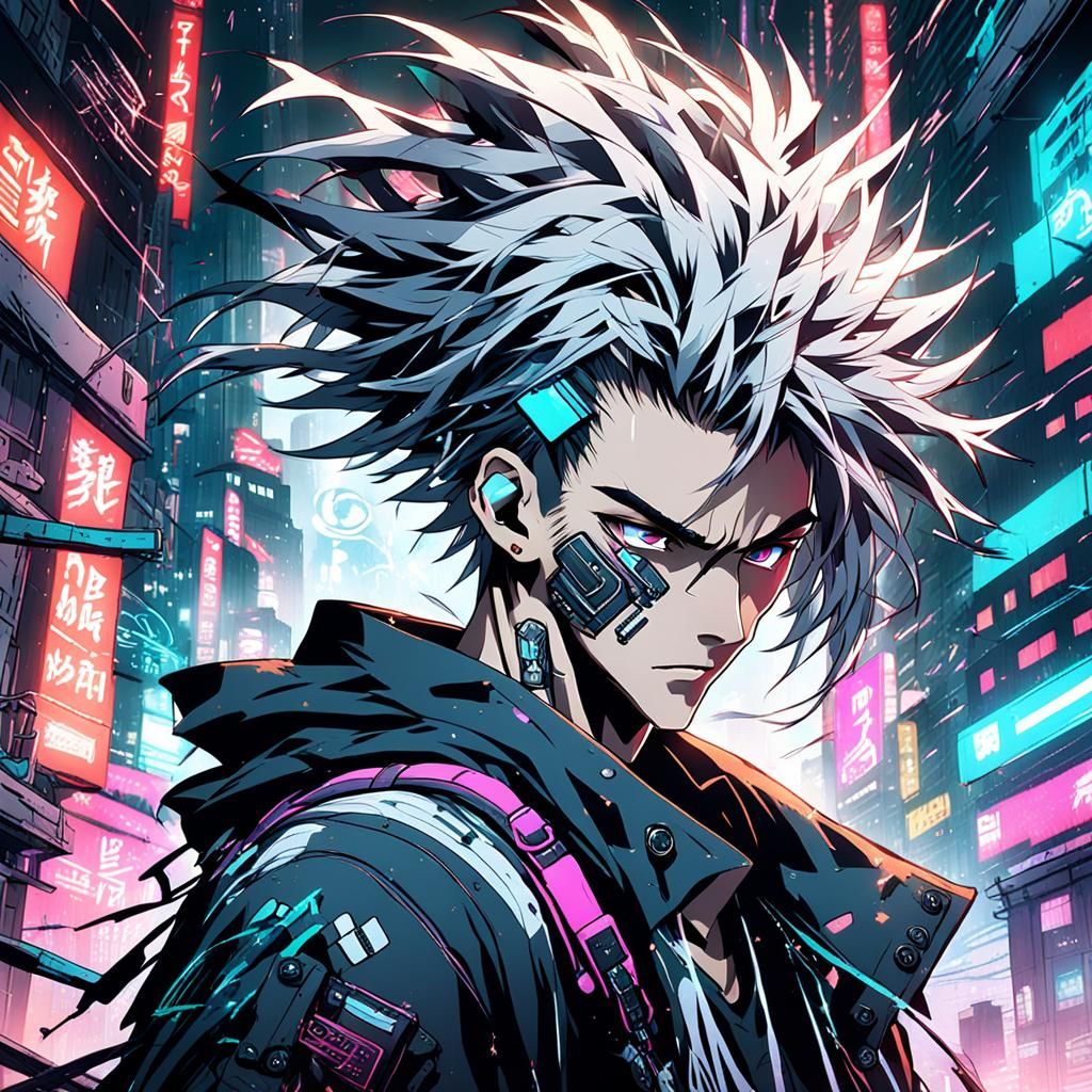Cyberpunk Anime Teen Summons Wind in Dystopian City
