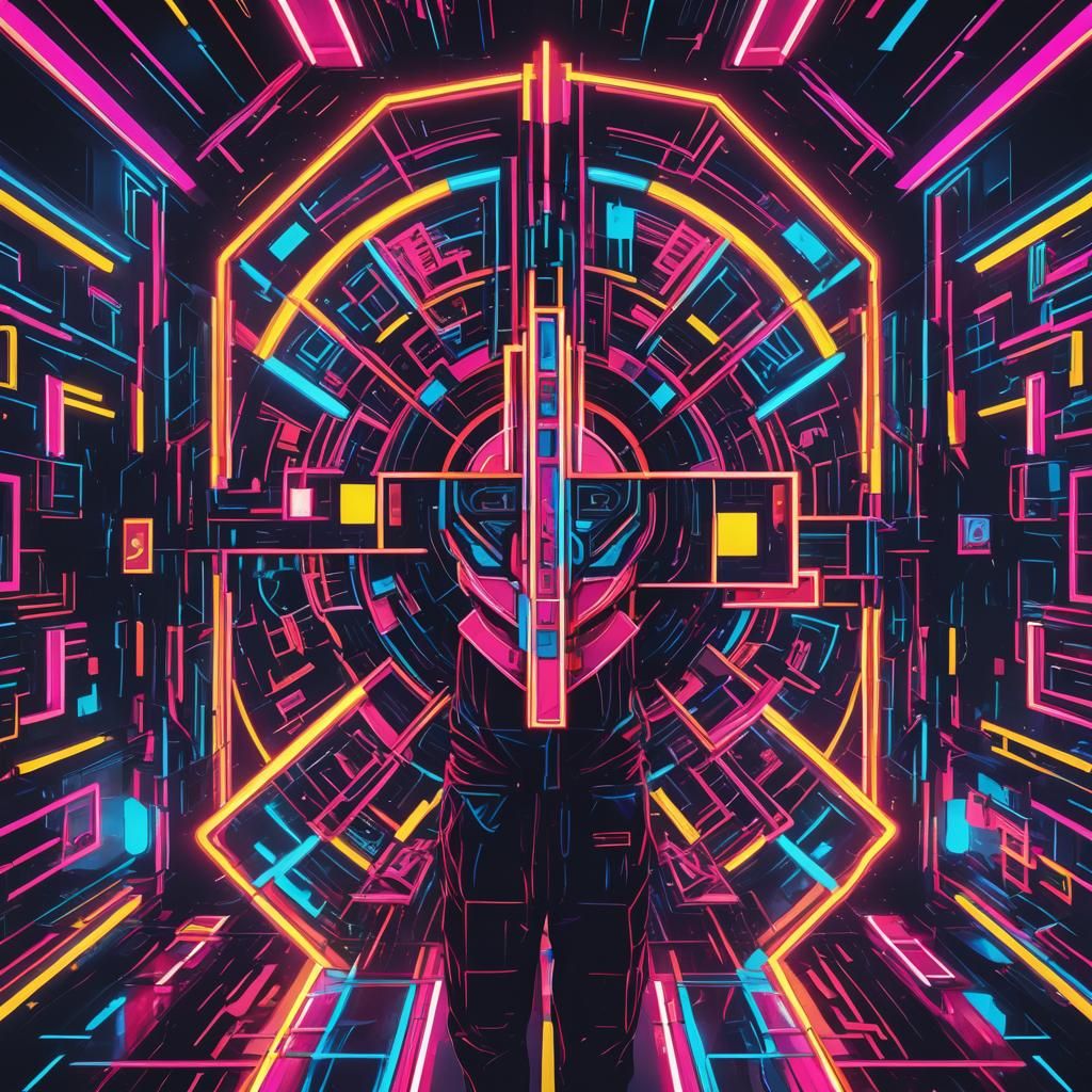 Geometric Bauhaus Figure in Urban Neon Landscape