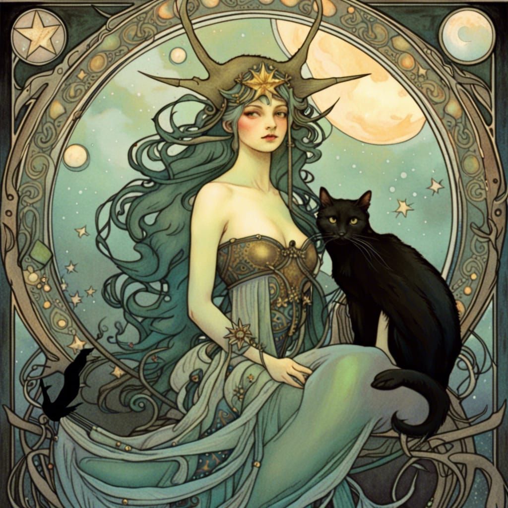 Mermaid Cat Queen in Art Nouveau Style