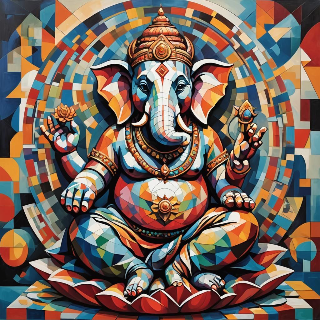 Vibrant Ganesha in Geometric Cubism Style